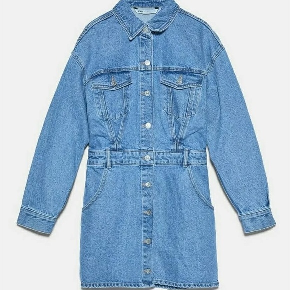 Zara Blue Denim Button-Front Mini Dress Jacket - Picture 6 of 8